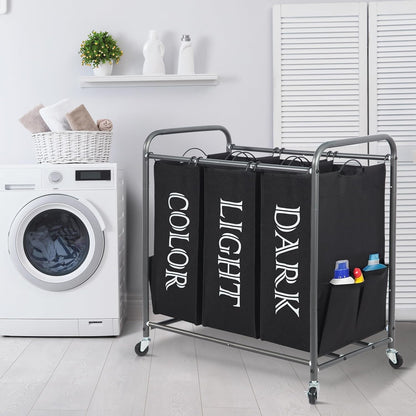 Storage Maniac Laundry Sorter - 3 Section Hamper Cart with Lockable Wheels & Removable Bag | 35.9 Gal Black
