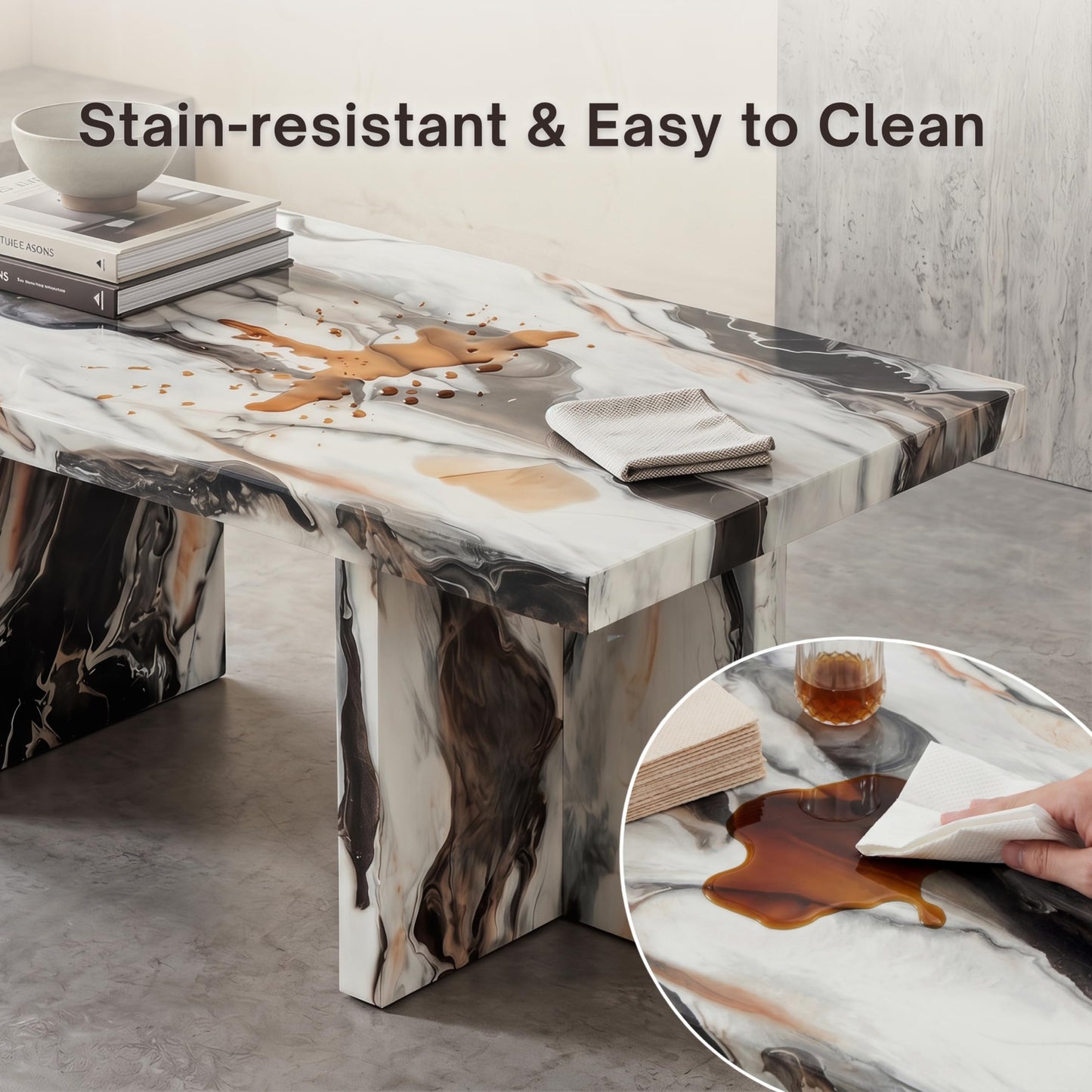Roundhill Furniture Mchome 3-Piece Coffee Table Set, Coffee Table and Two End Tables, Off-White Faux Marble