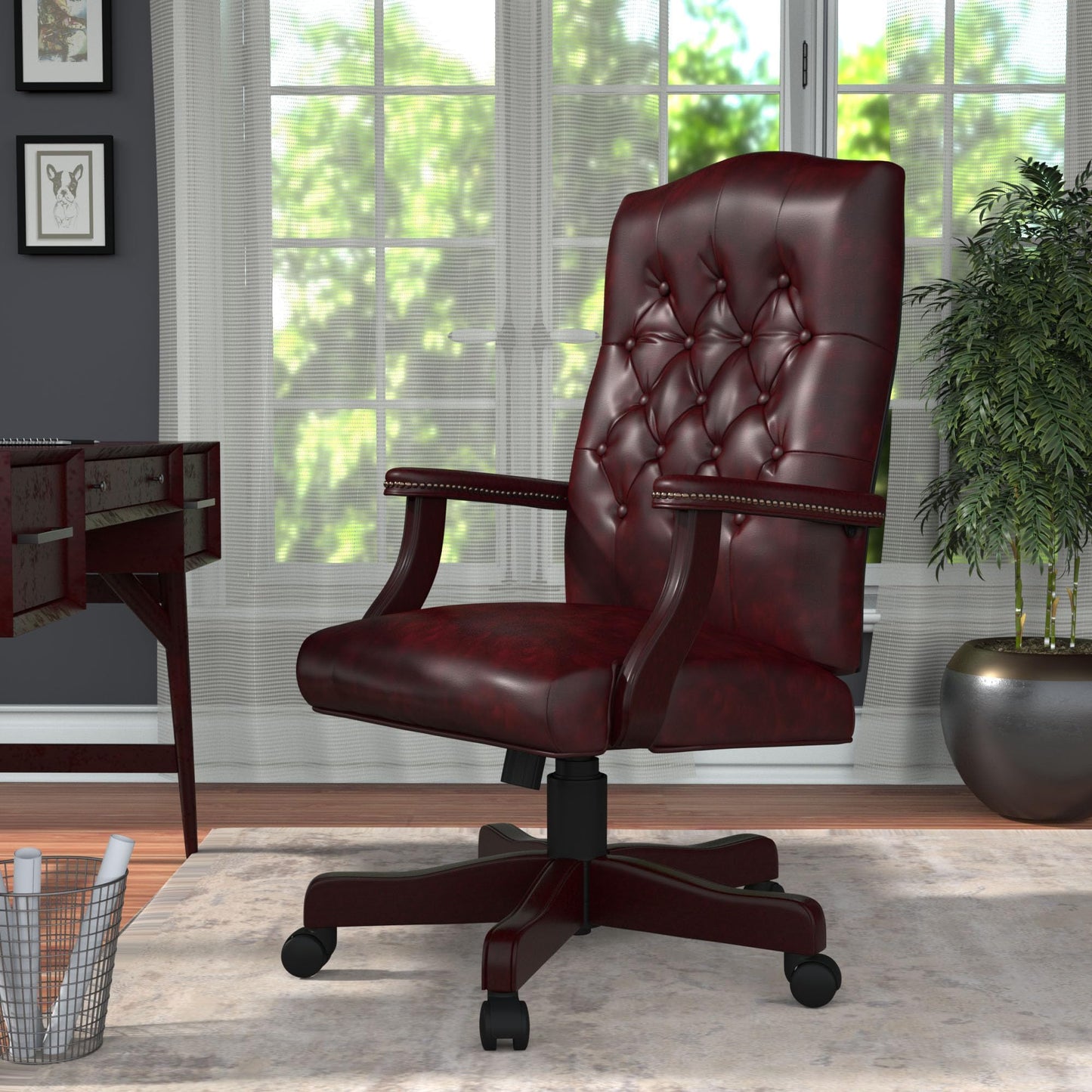 Pemberly Row High Back Executive Chair, Faux Leather with Tufted Design, Oxblood Finish, Mahogany Wood Frame, Height Adjustable with Rolling Casters, Padded Armrests, Office Chair 27" W x 28" D x