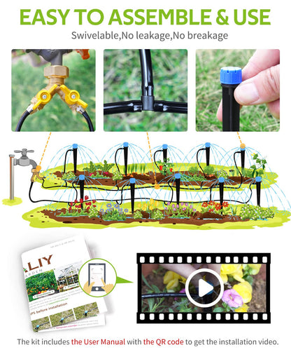 HIRALIY 50ft Drip Irrigation Kit Plant Watering System 8x5mm Blank Distribution Tubing DIY Automatic Irrigation Equipment Set for Garden Greenhouse Flower Bed Patio Lawn