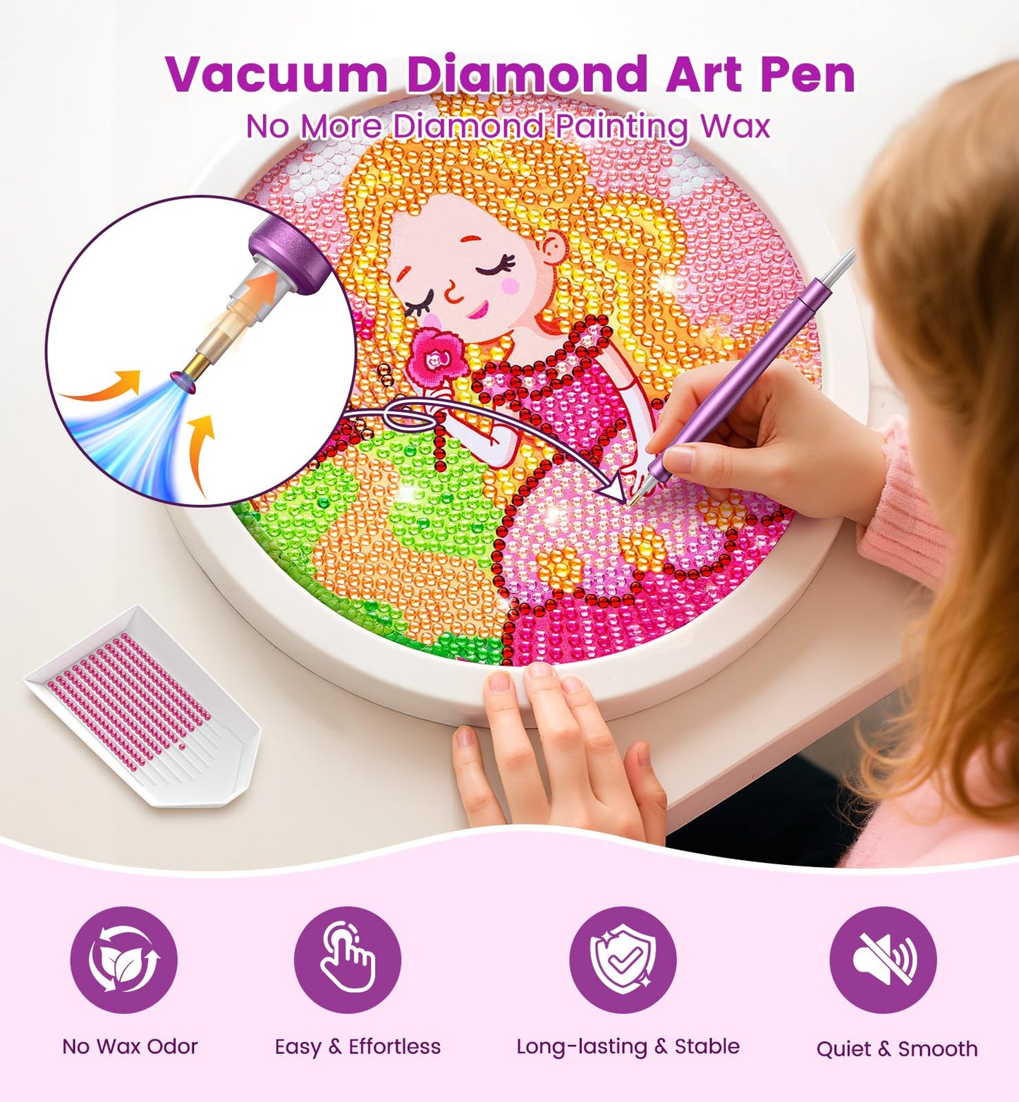WOLIOS Electric Diamond Painting Pen – Premium Vacuum Art Tools, Art Painting Accessories and Tools Without Wax, Diamond Kits with Storage Tray, Quiet and Long-Lasting (Purple