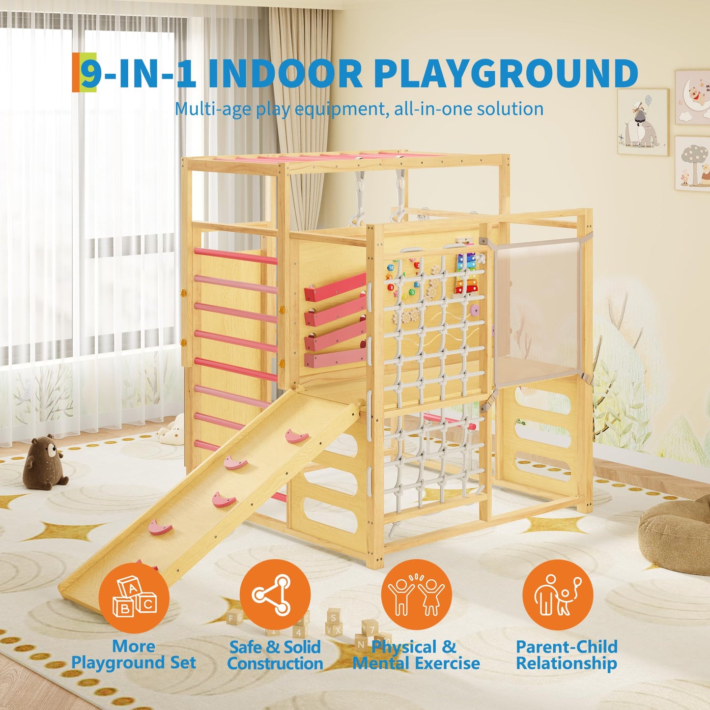 Jungle Gym with Slide, Rock Wall, Wood ＆ Rope Ladder, Monkey Bars, Gym Rings