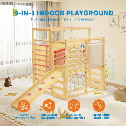 Jungle Gym with Slide, Rock Wall, Wood ＆ Rope Ladder, Monkey Bars, Gym Rings