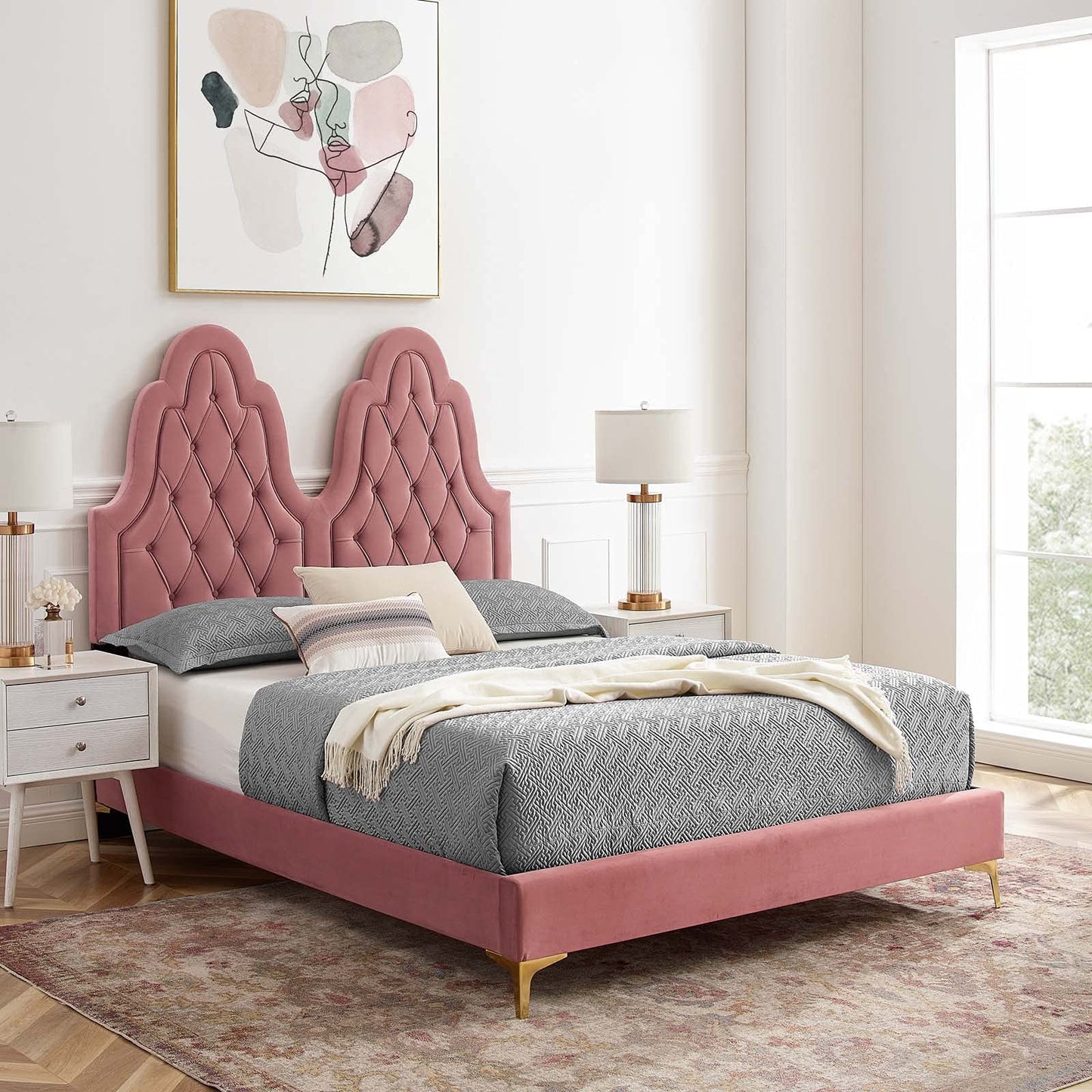 Modway Alexandria Tufted Performance Velvet Twin Platform Bed in Dusty Rose with Gold Legs