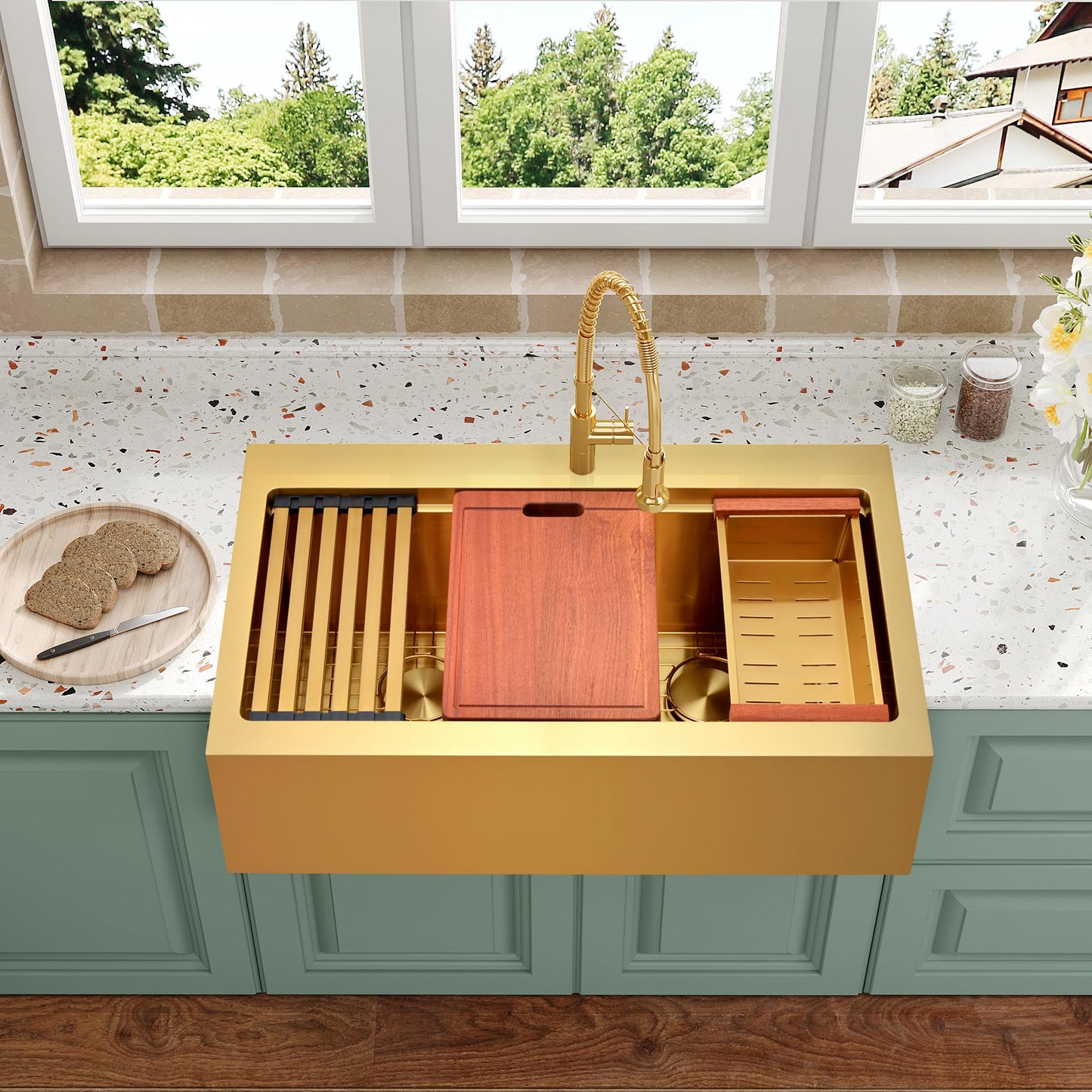Gold Double Bowls Kitchen Sink, 33" x 22" Drop In Kitchen Sink, 50/50 Double Bowls Farm Sink, 16 Gauge Stainless Steel Workstation Sink, 33 inch Top Mount Deep Double Sinks
