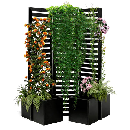 3-in-1 Privacy Fence Screen with Planter Boxes, 51x70x31 Inch Outdoor Metal Room Divider & Garden Partition, Freestanding Backyard/Patio/Deck Privacy Screen with 4 Self-Watering Raised Garden Beds, Bl