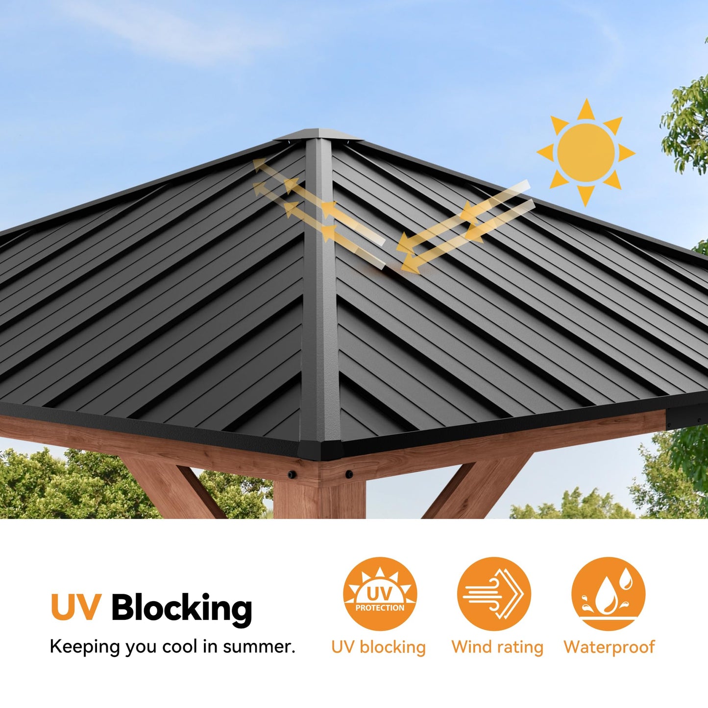 Modern Shade Tranquil Grove Wood Gazebo 10' x 10', Permanent Hardtop Gazebo with Galvanized Steel Roof, Mosquito Netting and Curtains, Cedar Outdoor Gazebo with Sturdy Hooks for Backyard