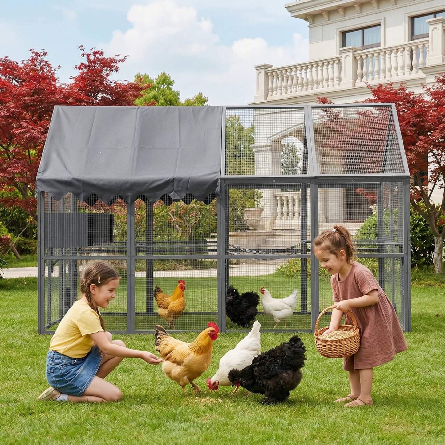 KEIKI 110"L Outdoor Large Chicken Coop with Waterproof Cover, Roosting Platform, Wire Mesh & 2 Lift Small Doors with Locks, Wood Chicken Coop House with Run for Cat Kitten Playpen, Duck, Rabbit, Quail