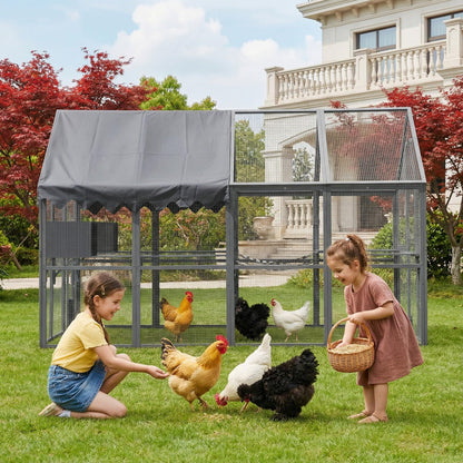 KEIKI 110"L Outdoor Large Chicken Coop with Waterproof Cover, Roosting Platform, Wire Mesh & 2 Lift Small Doors with Locks, Wood Chicken Coop House with Run for Cat Kitten Playpen, Duck, Rabbit, Quail