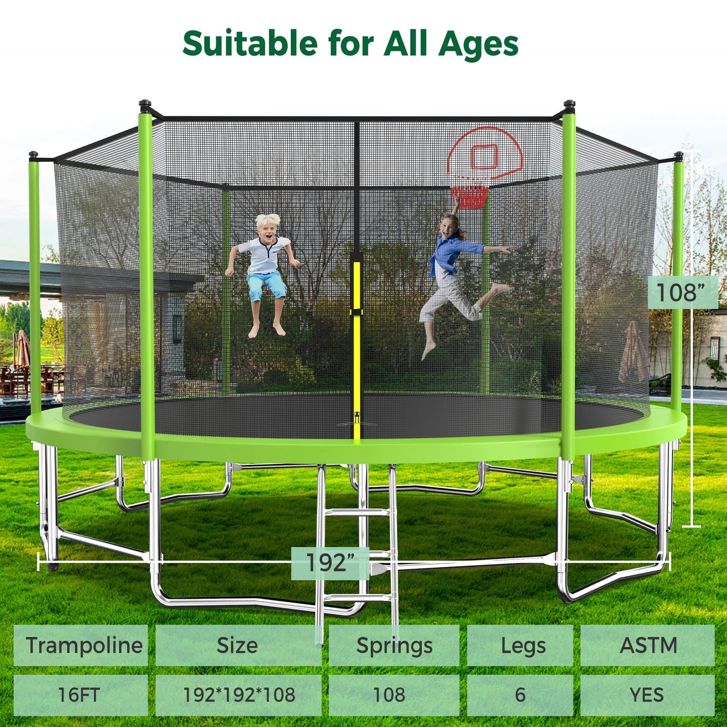 Tatub Upgrade 16FT Trampoline for Kids and Adults, Outdoor Recreational Trampolines with Basketball Hoop & Enclosure Net, Green