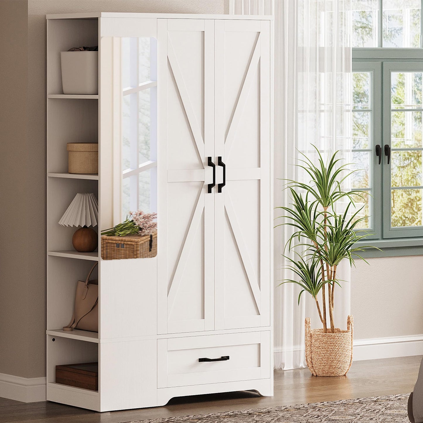 LIKIMIO 70" Tall Wardrobe Closet with Mirror, Side Shelves & Drawer, Freestanding Bedroom Armoire with Hanging Rod, X Barn Door Storage Cabinet for Bedroom, White