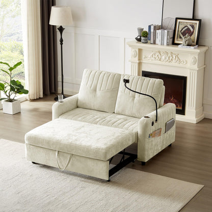 Merax Chenille 3-in-1 Pull Out Sleeper Sofa Bed Couch, 54" Convertible Futon Loveseat with Adjustable Backrest, 2 Cup Holders, Phone Stand, 3 Charging Ports and Storage Pockets for Living Room, Beige