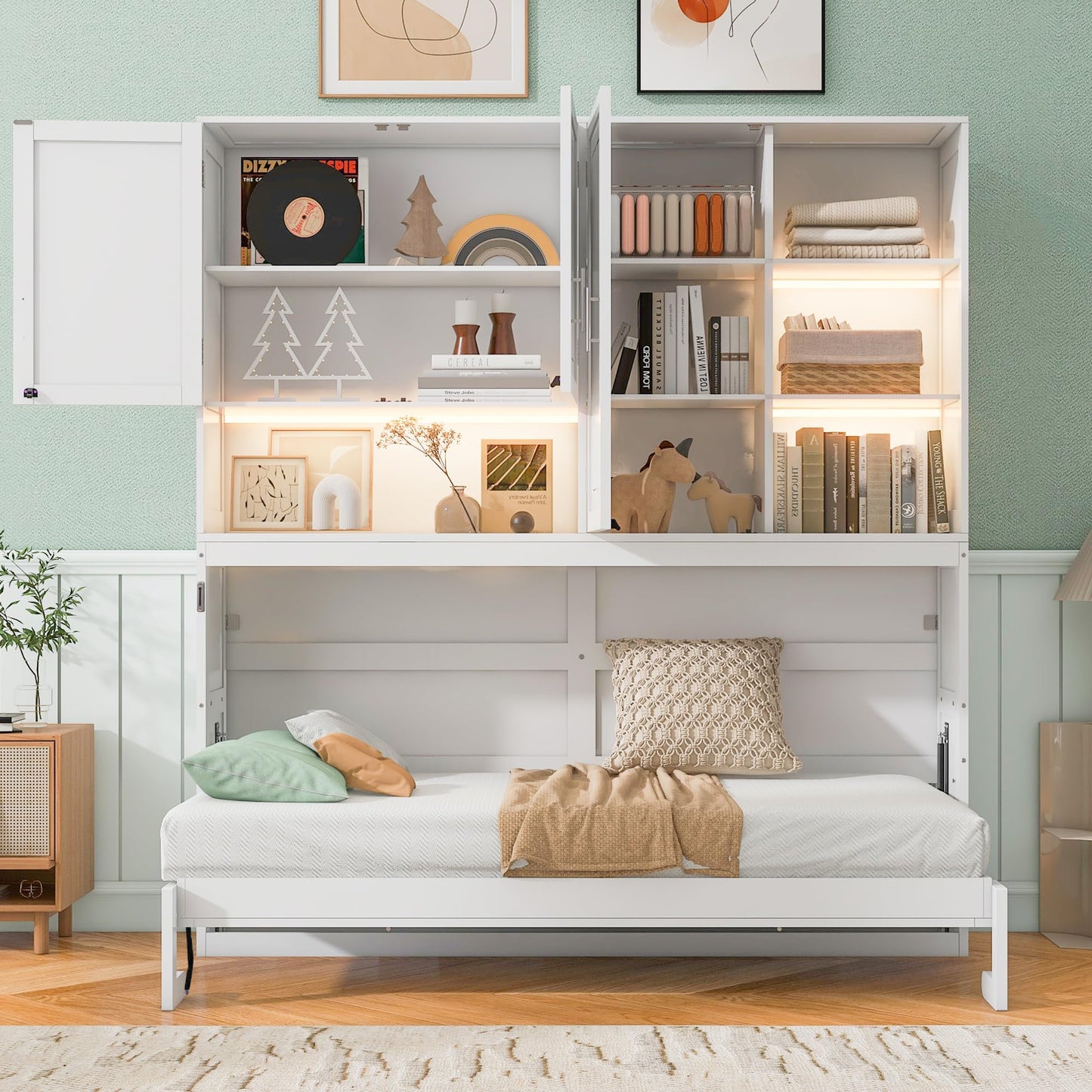 DNYN Twin Size Murphy Bed with Top Cabinets and LED for Bedroom/Guest/Study Room, Foldable Wall Bed Frame with USB and Storage Shelves, Space-Saving & No Box Spring Needed