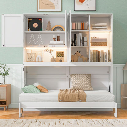 DNYN Twin Size Murphy Bed with Top Cabinets and LED for Bedroom/Guest/Study Room, Foldable Wall Bed Frame with USB and Storage Shelves, Space-Saving & No Box Spring Needed