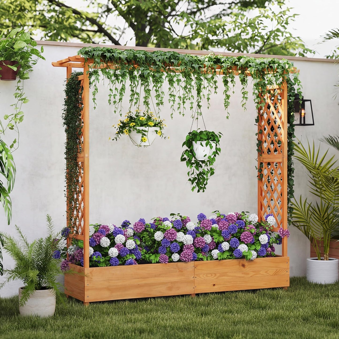 Giantex Set of 2 Raised Garden Bed with Trellis & Hanging Roof, Wood Planter Box with Bottom and Drainage Holes, Freestanding Garden Planter for Flower Vegetable Fruit Herb Climbing Vines, 77"x17"x70"