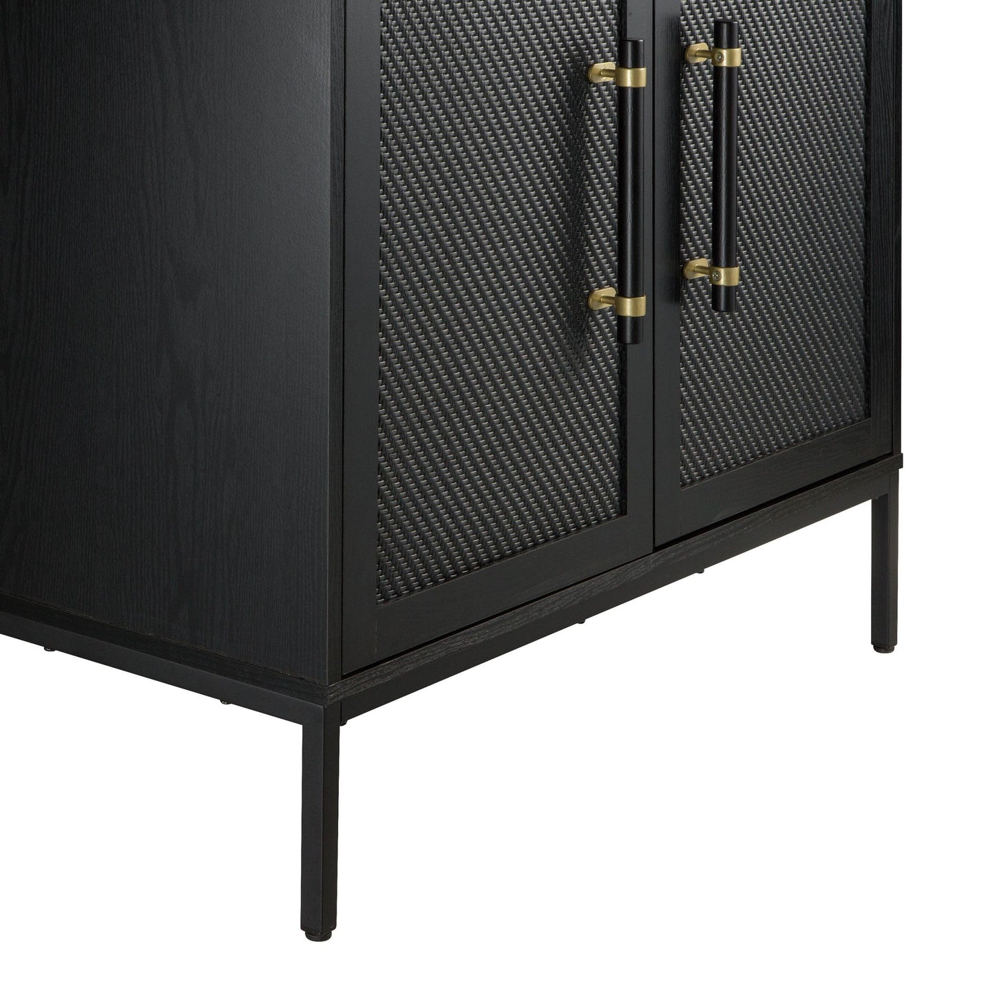 Hopper Studio Sophia 2-Door Accent Cabinet, Black Finish with Rattan Doors & Wood/Brass Handles, Adjustable Shelf, Aluminum Legs, Mid-Century Modern Storage for Luxury Living Room, Kitchen, Entryway