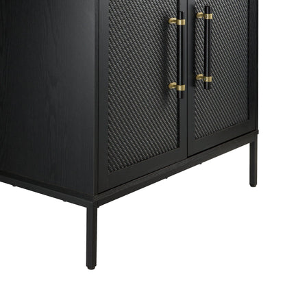 Hopper Studio Sophia 2-Door Accent Cabinet, Black Finish with Rattan Doors & Wood/Brass Handles, Adjustable Shelf, Aluminum Legs, Mid-Century Modern Storage for Luxury Living Room, Kitchen, Entryway