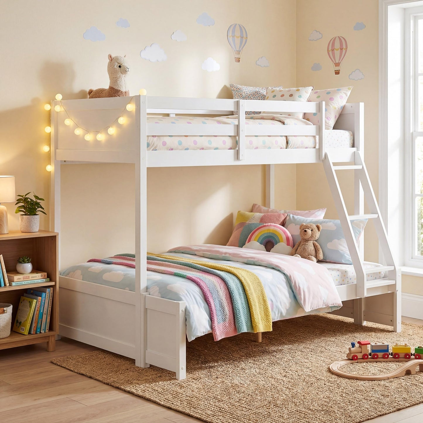 KOMFOTT Twin Over Full Bunk Bed, Pine Bed Frame with 3-Step Ladder, Full-Length Guardrails & 21 Wooden Support Slats, Solid Wood Bunk Bed for Teens, Kids, Adults, Dorms and Apartments (White)