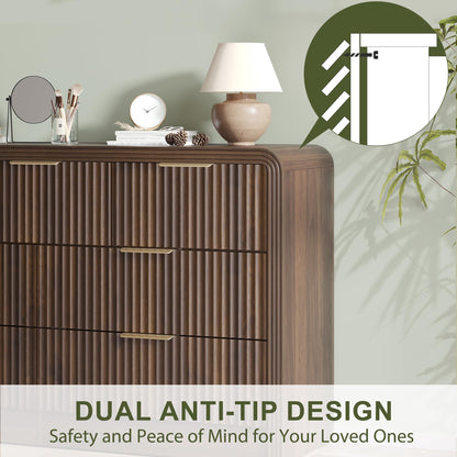 Decofy Fluted Drawers Dresser for Bedroom, Wood Dressers with Gold Handles, Modern Dressers with Wave Texture, Large Storage Chest of Drawers, Bedroom Dresser Organizer 55'' & 7 Drawers (Walnut)