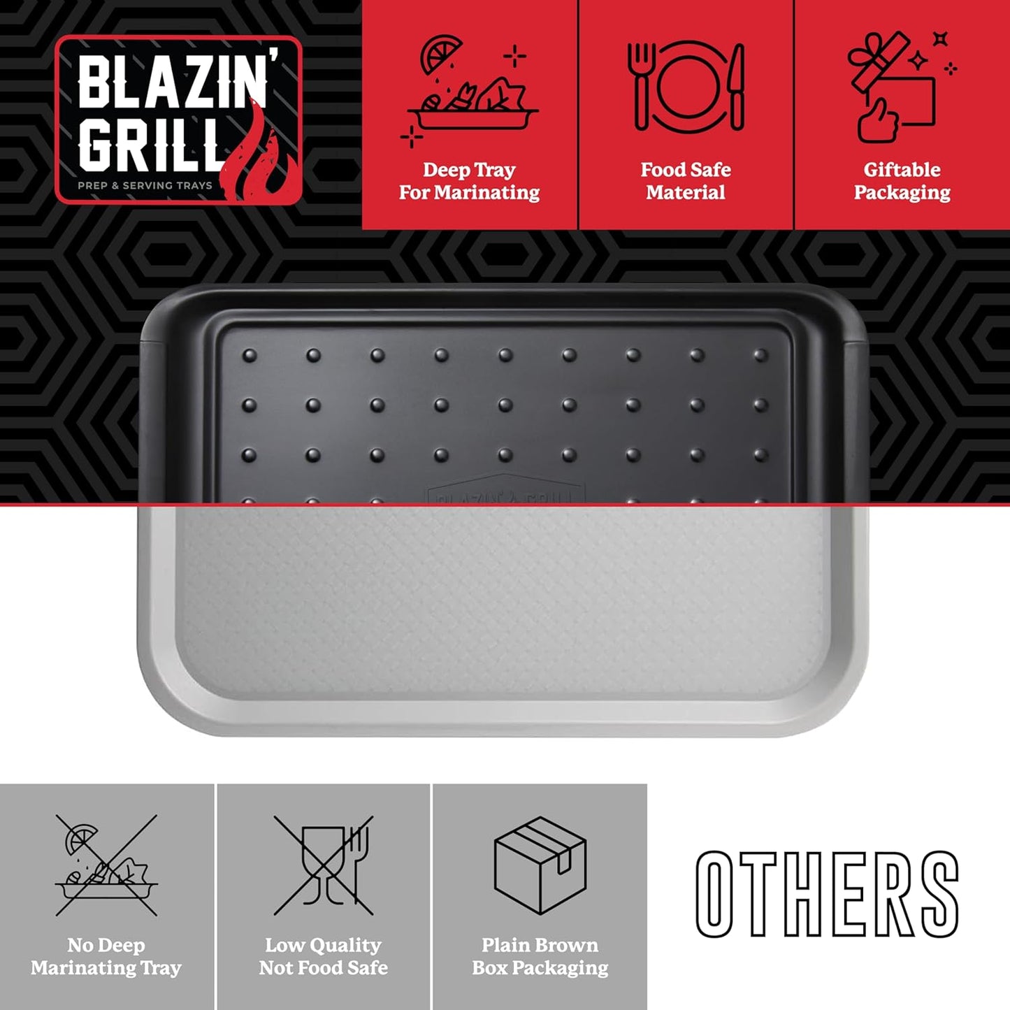 BLAZIN' GRILL Prep and Serve Trays, Set of 2 Stackable Melamine Trays for Serving and Marinating Food, BBQ Prep Tub