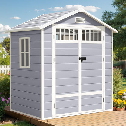 DWVO 6x4.4 FT Resin Storage Shed with Fence-Style and Side Windows, Lockable Door, and Vents for Garden, Backyard, Patio, Lawn, Gray