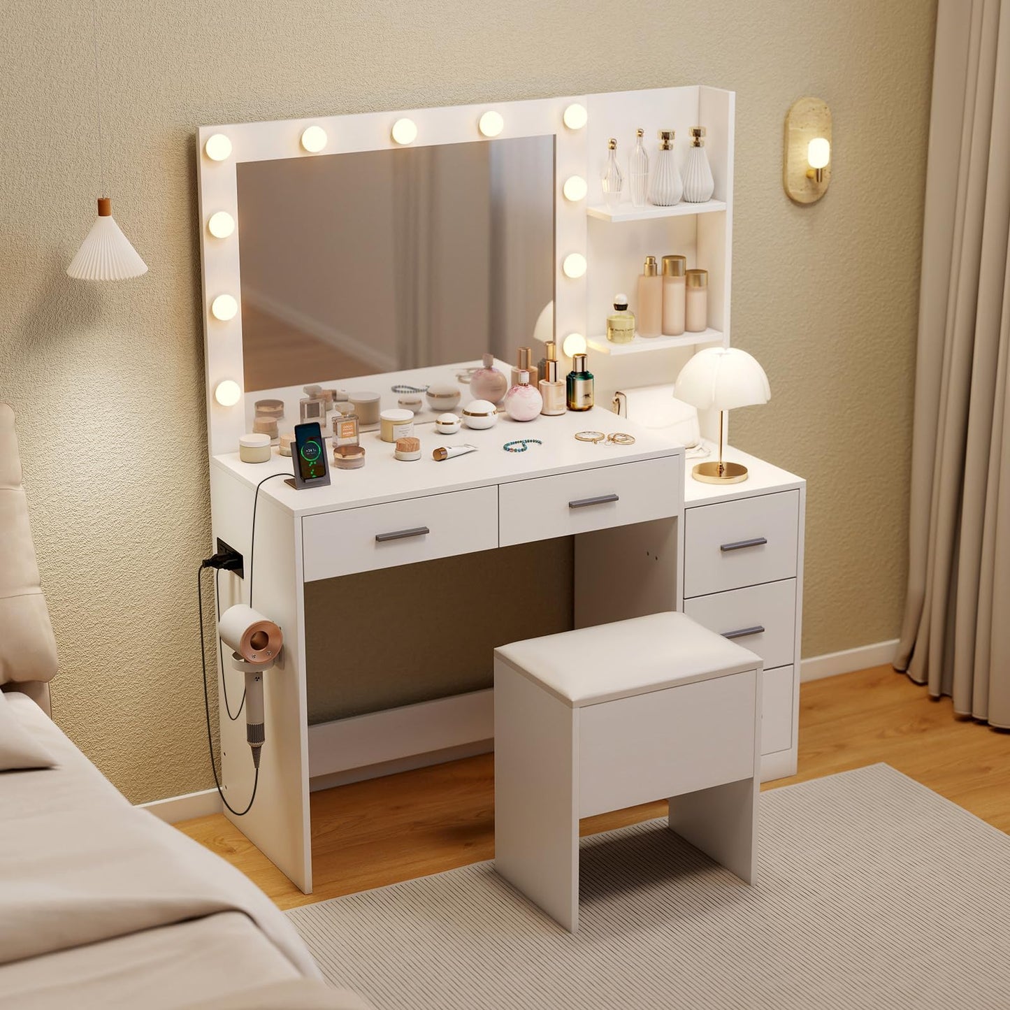 CHARMAID Vanity Desk with Mirror and Lights, White Makeup Vanity Desk with Charging Station, 5 Drawers & 2 Shelves, Storage Stool, 3 Color Lighting Modes, Modern Dressing Table for Bedroom