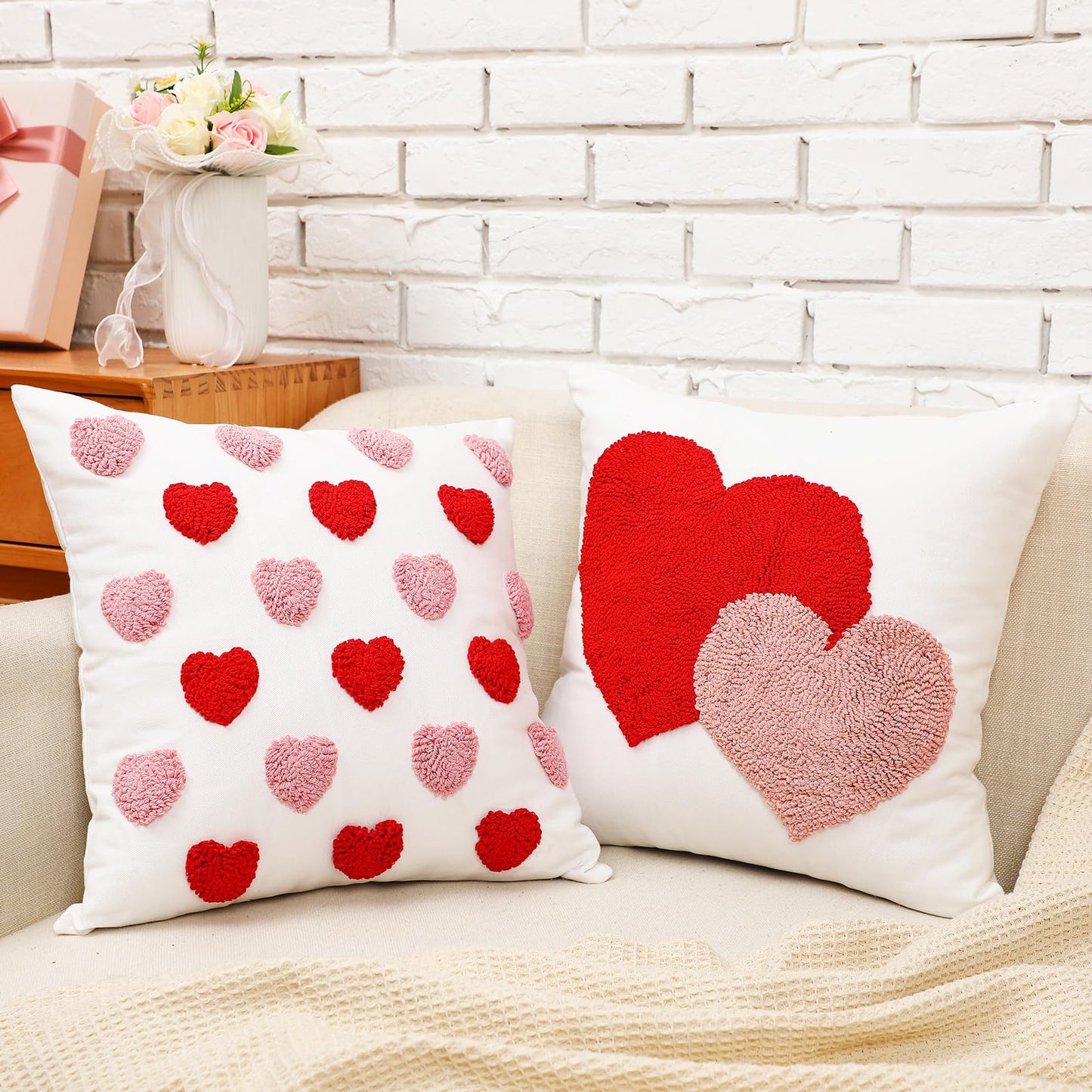 Briwooody 2 Pcs Valentine‘s Day Throw Pillow Covers 18 x 18 Inch Embroidery Cushion Covers Love Heart Pillow Cases for Sofa Bed Home Indoor Outdoor Decor Valentine Gift Couple Presents