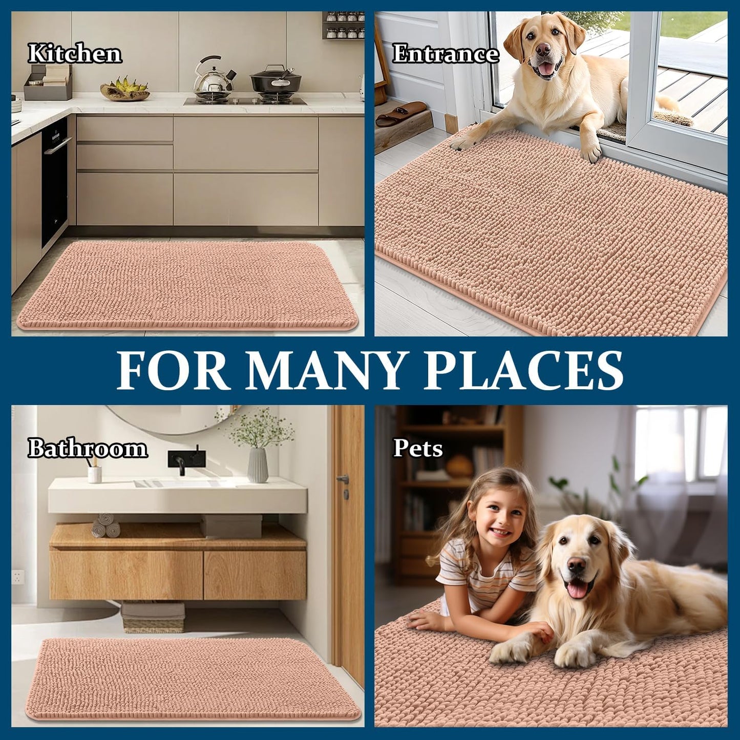 OLANLY Dog Door Mat - Absorbent Non-Slip Washable Doormat for Muddy Paws | 48x30 Peach Design