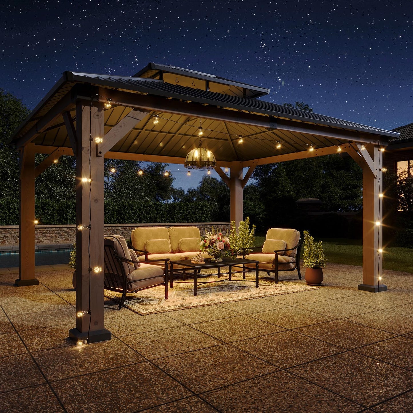 Aoxun 12' x 14' Outdoor Wood Gazebo, Hardtop Gazebo Permanent Wooden Pavilion with Galvanized Steel Double Roof, for Patio, Garden, Deckyard, Cedar Wood, Grey