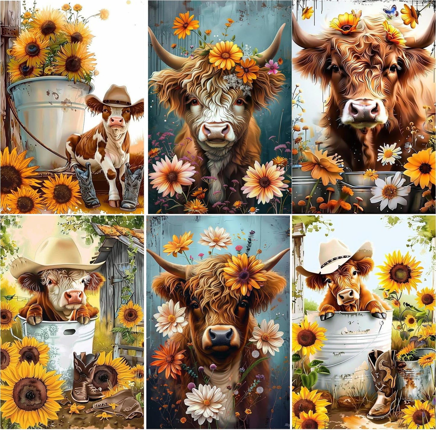 EWJRNSF 6 Pack 5D Diamond Painting Kits for Adults, Highland Cow Diamond Arts Kits Diamond Art Sets,Gem Painting by Number Kits for Adults Beginners Home Wall Decor 11.8x15.7 Inches