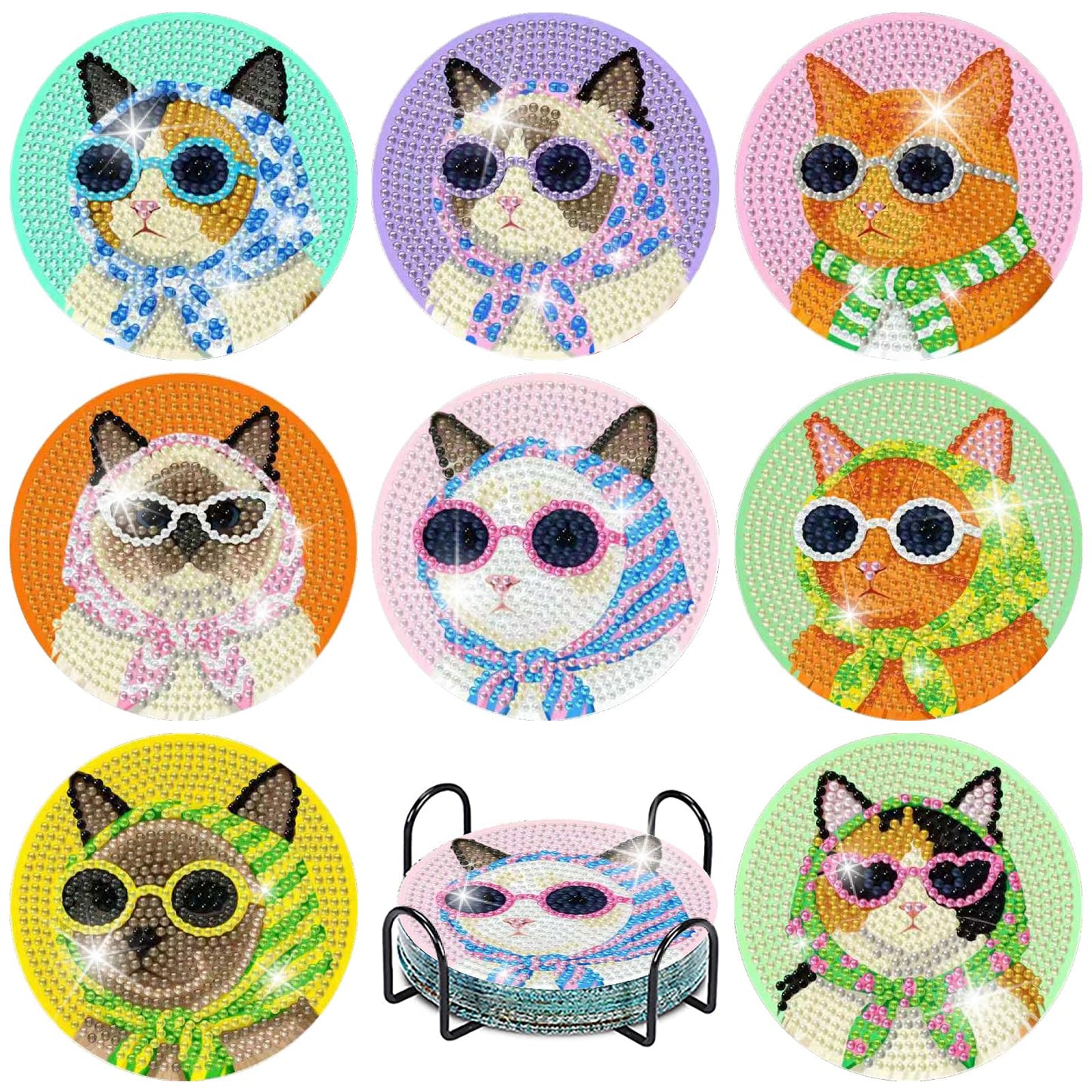 Yijingtop 8 Pcs Retro Cat Diamond Painting Coasters Kits with Holder,Funny Cat Diamond Art Coasters with Wooden Cork,DIY Round Drill Small Diamond Art for Adults for Home Wall Decor