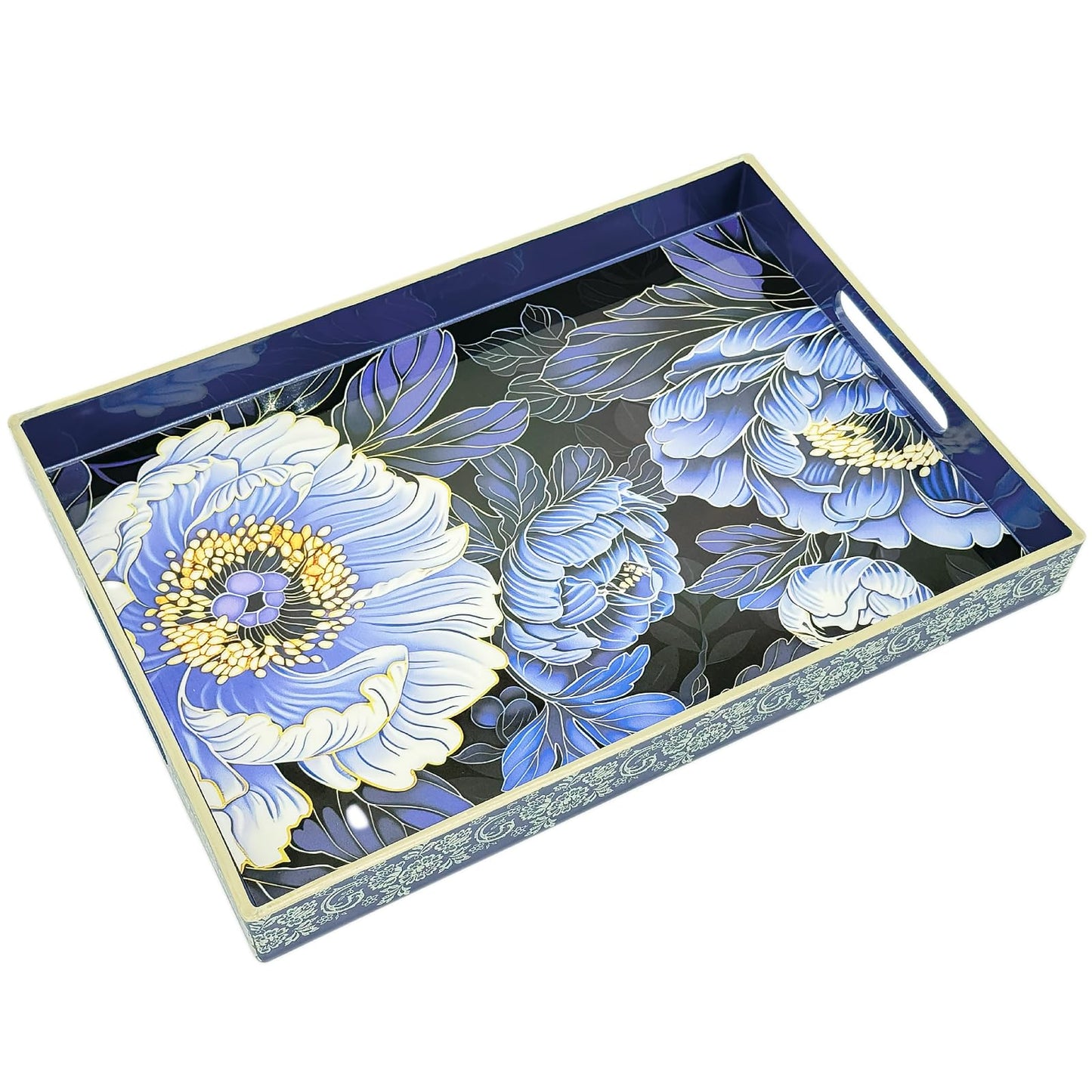 PDUHKO Serving Tray with Handles, 15.7 * 11.8 inches, Plastic Ottoman Tray with Exquisite Paintings, Trays for Coffee Table