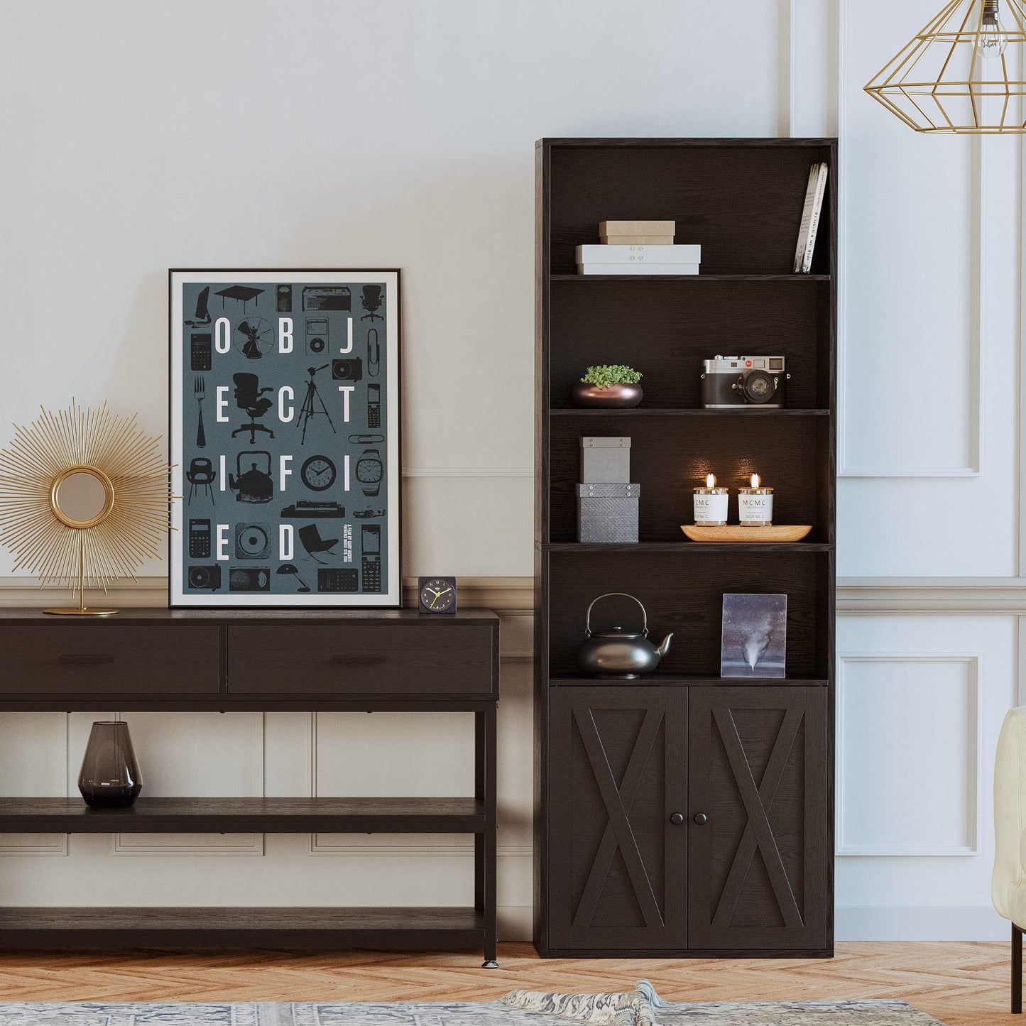IRONCK Industrial Bookshelves and Bookcases with Doors Floor Standing 6 Shelf Display Storage Shelves 70 in Tall Bookcase for Home Office, Living Room