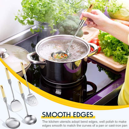 Stainless Steel Kitchen Cooking Utensils Set, Specialty Chinese Wok Utensils with Skimmer, Slotted Spoon, Spatula Turner