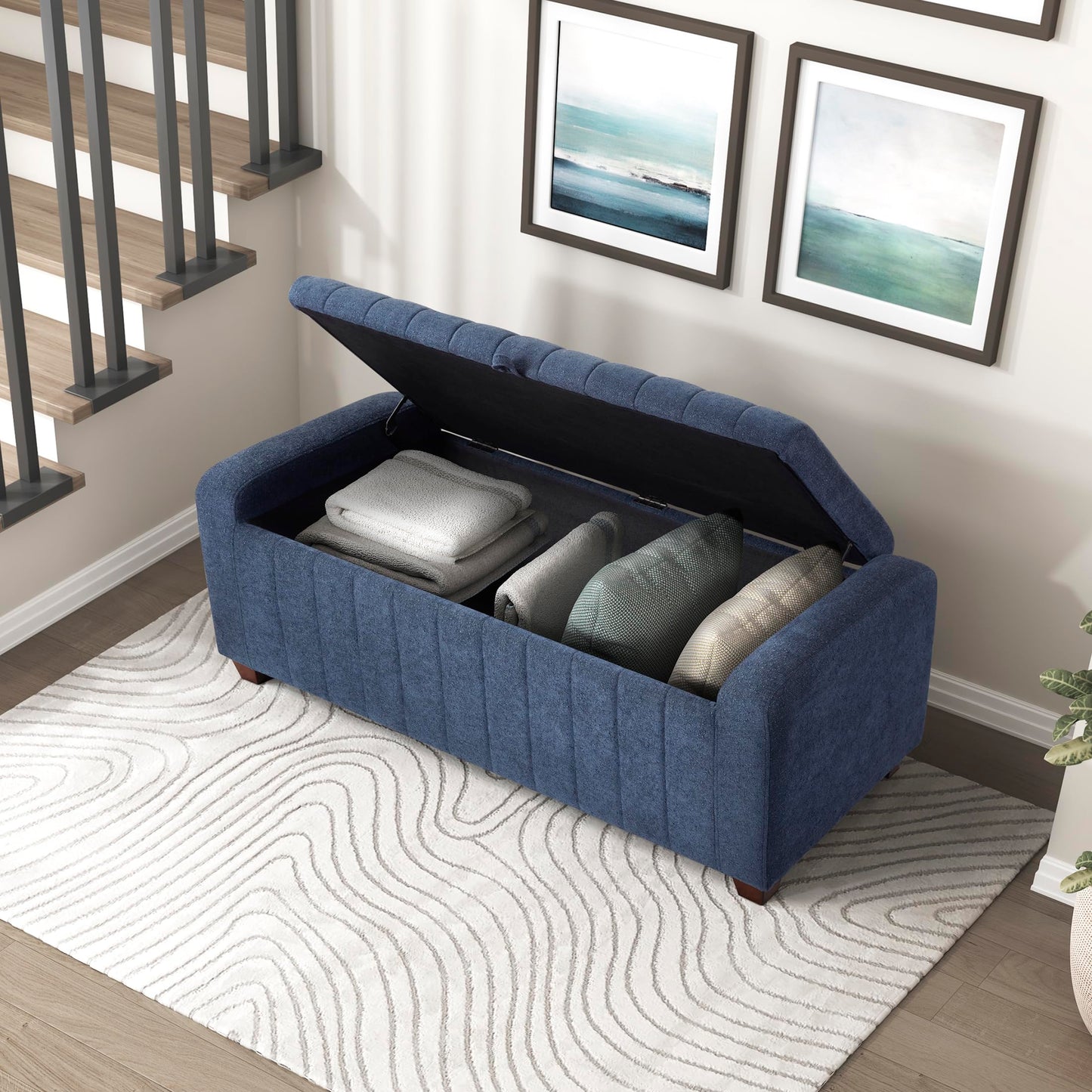 Lexicon Storage Bench, Modern Striped Boucle Upholstered Entryway Bench with Solid Wood Leg Support, Storage Chest for Entryway/Living Room/Bedroom, Blue