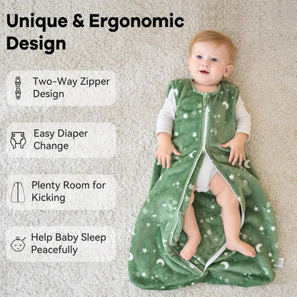 Unnivoll Fleece Baby Sleep Sack - 2.0 Tog Wearable Blanket with 2-Way Zipper | 6-12 Months, Medium Blue Green Planet