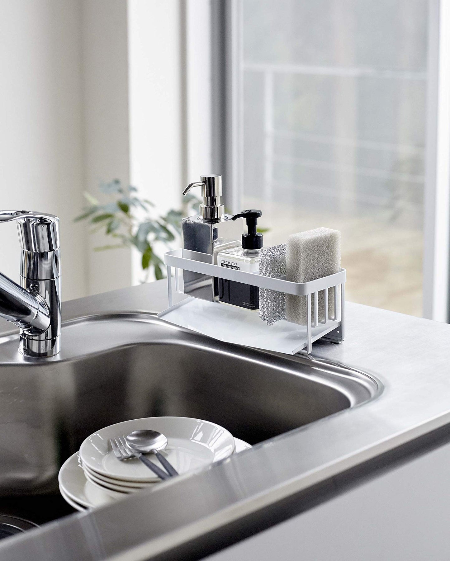 Yamazaki Home Tower Self-Draining Sponge And Soap Bottle Rack, Kitchen Sink Organizer Metal Holder With Removable Tray - Steel