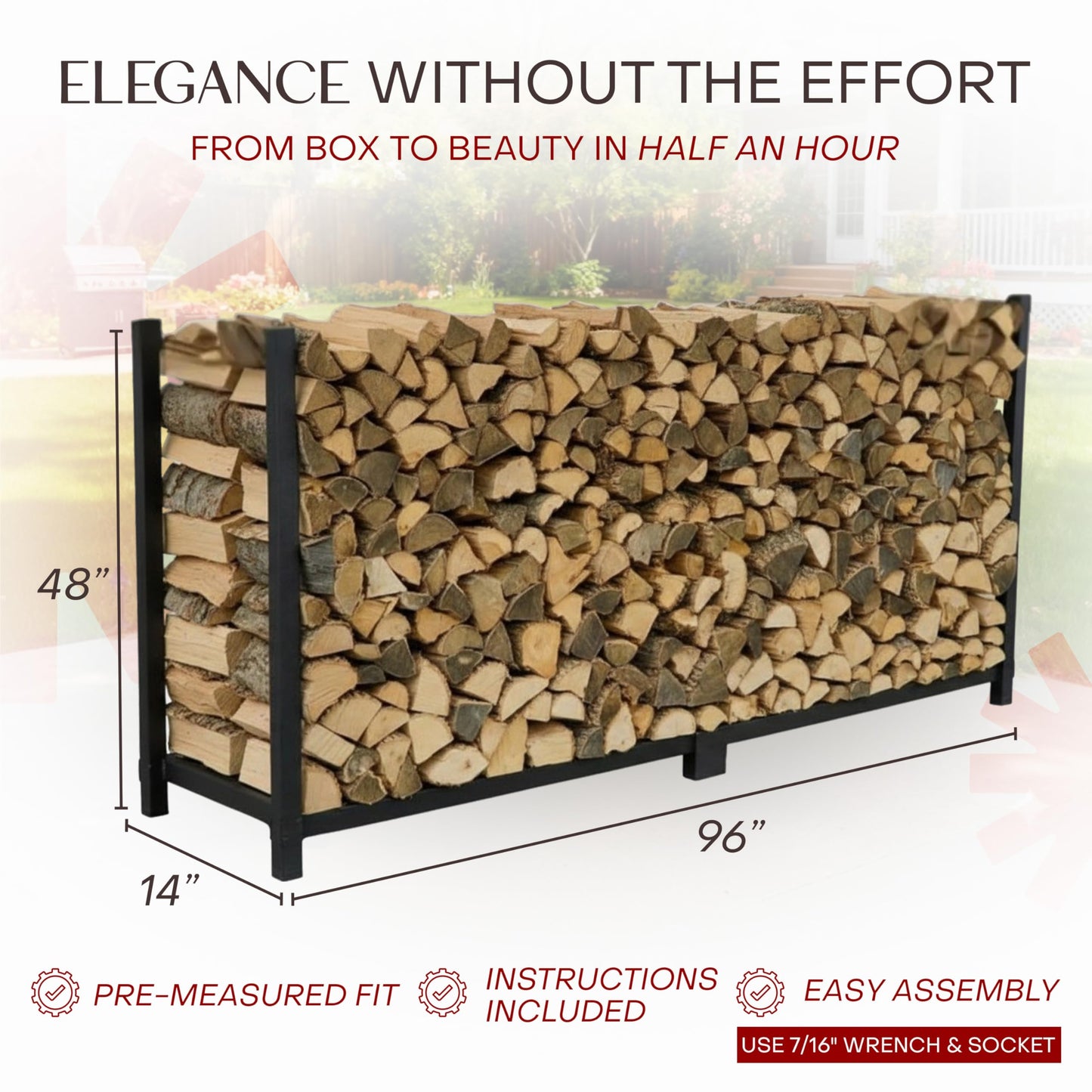Woodhaven 8-Foot Firewood Rack – Made in USA – 1/2 Cord Raised Lumber Storage Rack – Keeps Wood Dry & Ready – Heavy-Duty Steel, Lifetime Structural Warranty (Without Cover)