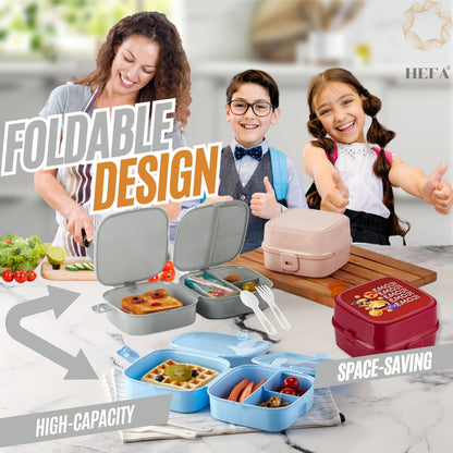 HEFA Lunch Box for Kids, All-in-One Foldable Lunch Box, Bento Box for Girls, Spoon and Fork included, Sandwich Containers