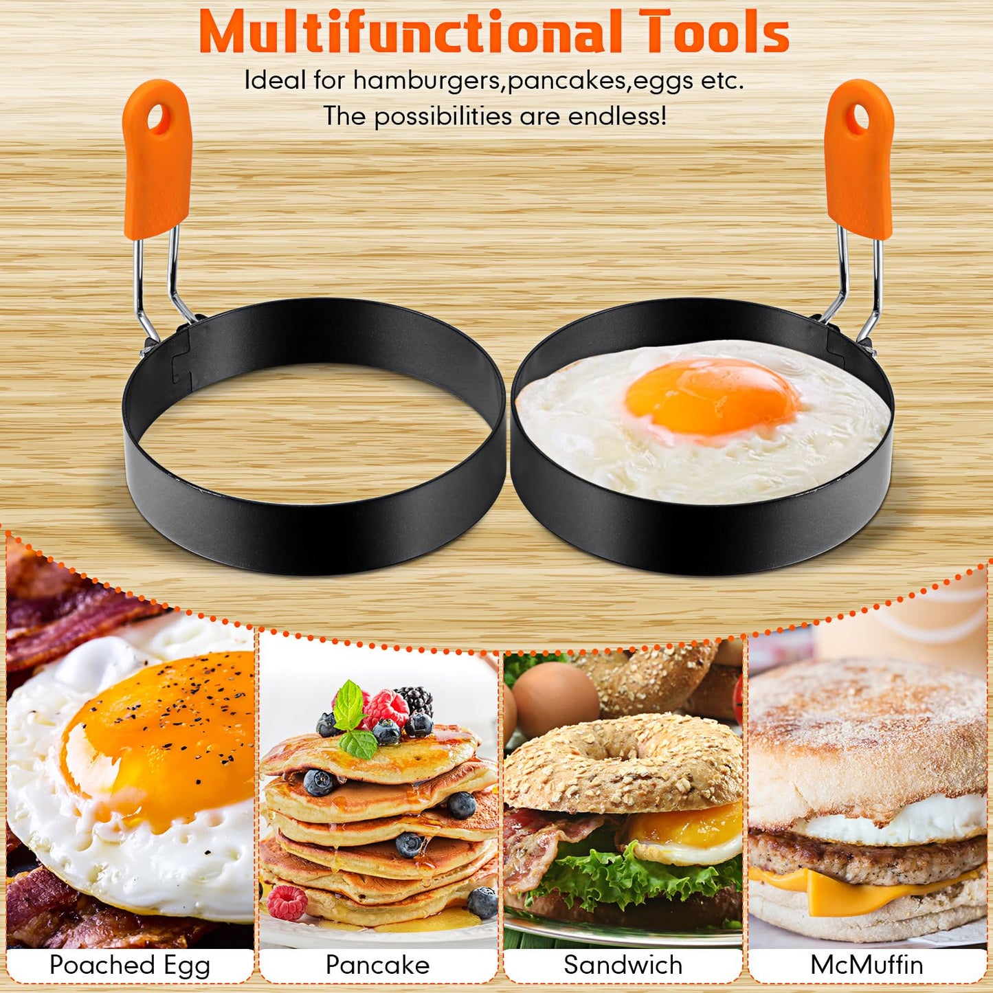 Patelai 6 Pcs Professional Egg Ring Pancake Ring Set Stainless Steel Fried Egg Molds Griddle Pancake Shapers with Orange Silicone Handle for Breakfast Omelette Sandwich(4, 6 Inch)