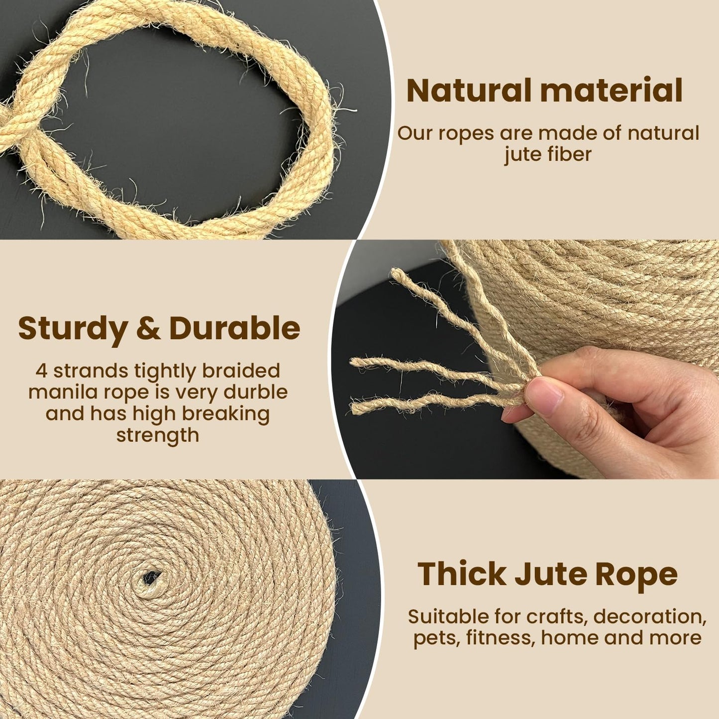 Natural Jute Twine 5mm x 656ft, 4Ply Twisted Heavy Duty Rope Roll for Gardening, Crafting, Bundling, Cat Scratching Post, Home Decor, Christmas Decorations