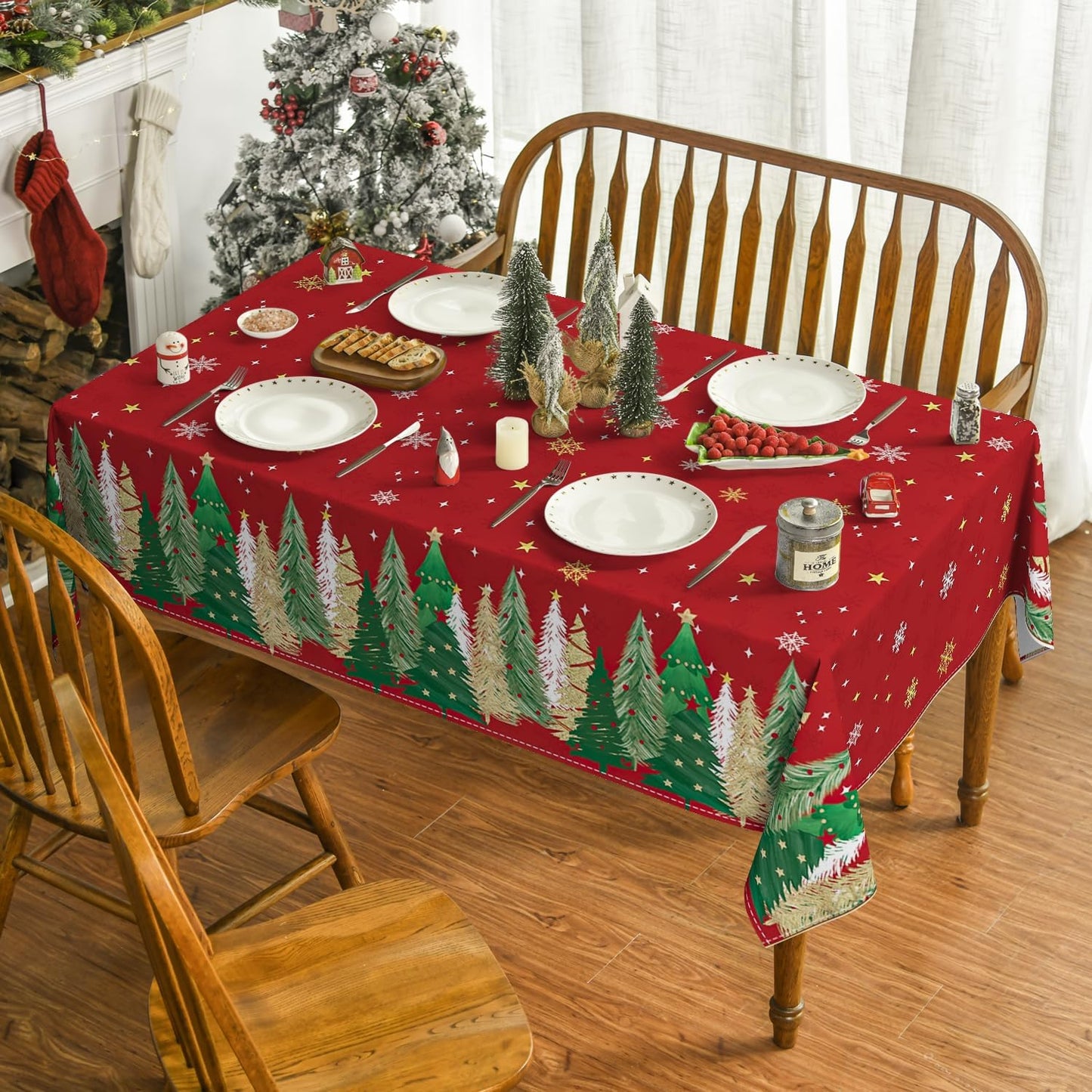 60140 Inch Horaldaily Christmas Tablecloth Rectangular, Christmas Trees Red Washable Table Cover for Party Picnic