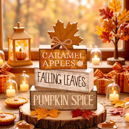 Moucuny 4 Pcs Fall Decor Wooden Maple Leaf Decoration Thanksgiving Tiered Tray Decor Rustic Wooden Maple Leaf Block Signs Thanksgiving Table Centerpiece Farmhouse for Autumn Harvest Party Kitchen Home