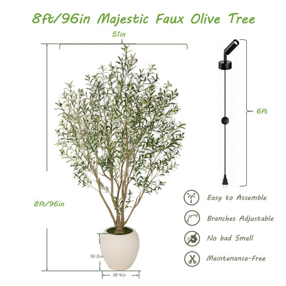 Nafresh 8FT Large Faux Olive Tree with 18.4''Wx16.5''H White Planter & Warm White Spotlight, Olive Trees Artificial Indoor with Multi Branches, Fake Olive Tree for Indoor Outdoor Home Office Decor
