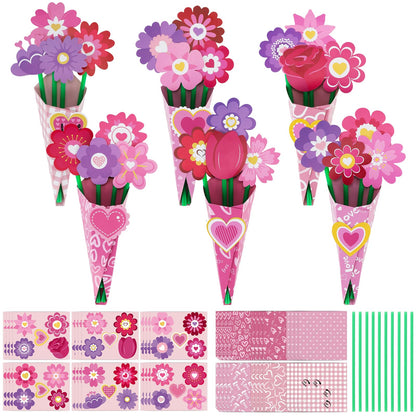 Nlicrst 24 Pcs Valentine Flower Craft Valentine's Day Paper Crafts Make Your Own Flower Bouquets for Valentine's Day Home Fun DIY, Perfect Handmade Valentine Gift (6 Styles)
