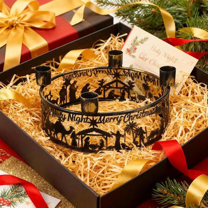 Blulu Advent Wreath Candle Holder - Rustic Nativity Scene Ring for Christmas Centerpiece | Metal Jesus Design