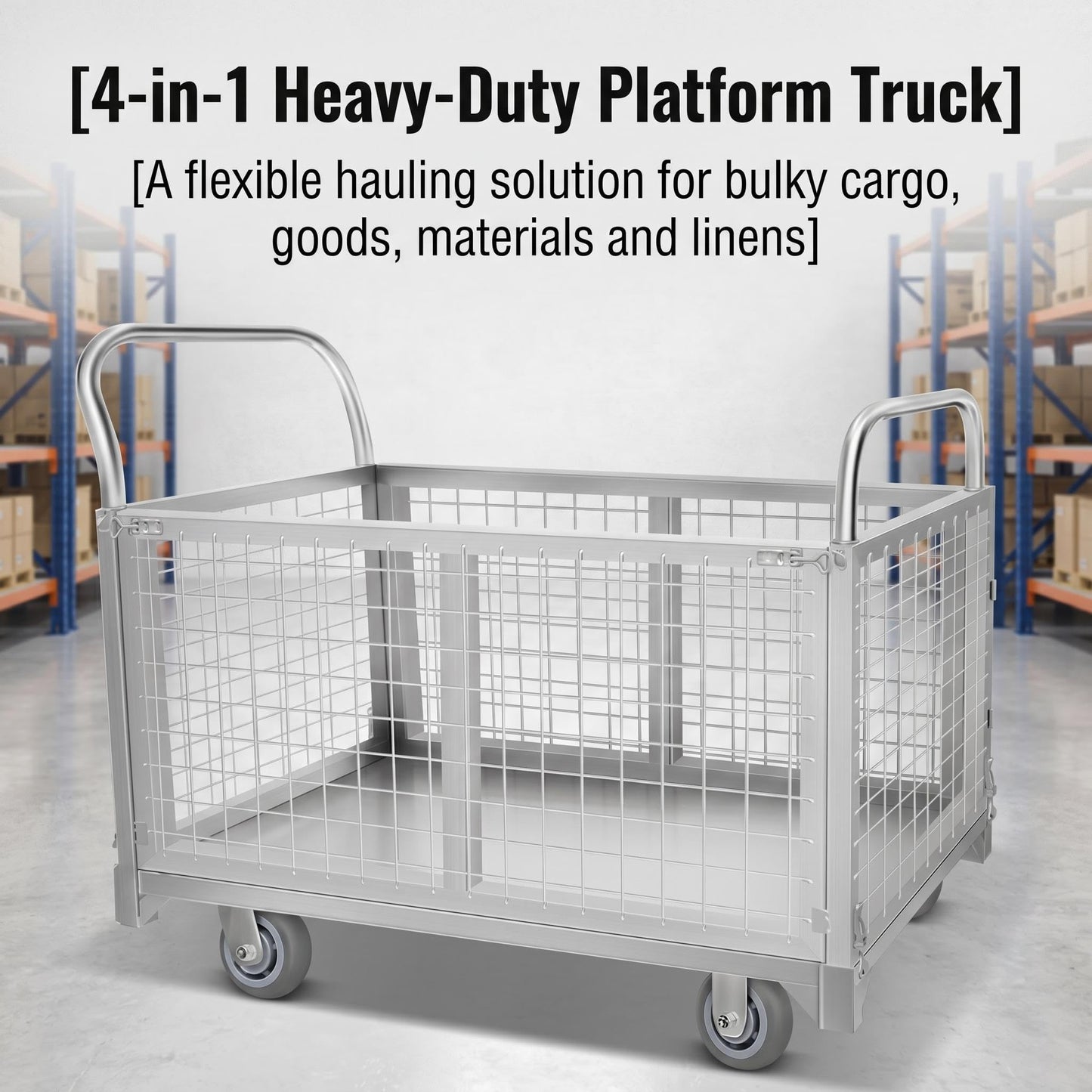 4-in-1 Platform Truck Cart with Cage, Heavy Duty Foldable Flatbed Push Cart with Swivel Casters, 2200 LBS Steel Load Capacity for Warehouse Commercial Industrial Cargo Storage & Transport