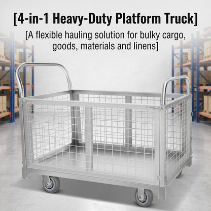 4-in-1 Platform Truck Cart with Cage, Heavy Duty Foldable Flatbed Push Cart with Swivel Casters, 2200 LBS Steel Load Capacity for Warehouse Commercial Industrial Cargo Storage & Transport