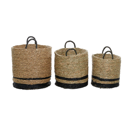 Deco 79 Seagrass Handmade Decorative and Functional Storage Basket Two-Toned Brown Basket Organizer with Handles, Set of 3 Basket for Storage 18", 17", 14"H, Black