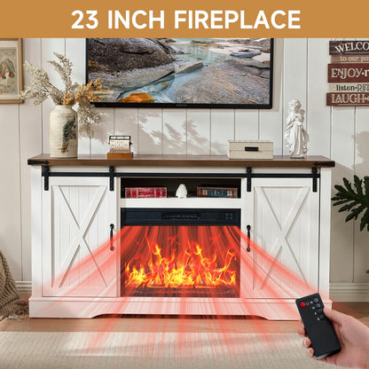 ROCKPOINT 58" Fireplace TV Stand for TV up to 65 Inch with Farmhouse Tall Sliding Barn Doors, Entertainment Center with Storage Cabinet, 23" Electric Fireplace with Remote, White